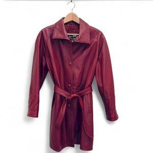 Vintage Vera Pelle Belted Leather Trench Coat Jacket Oversized Cherry Red XS